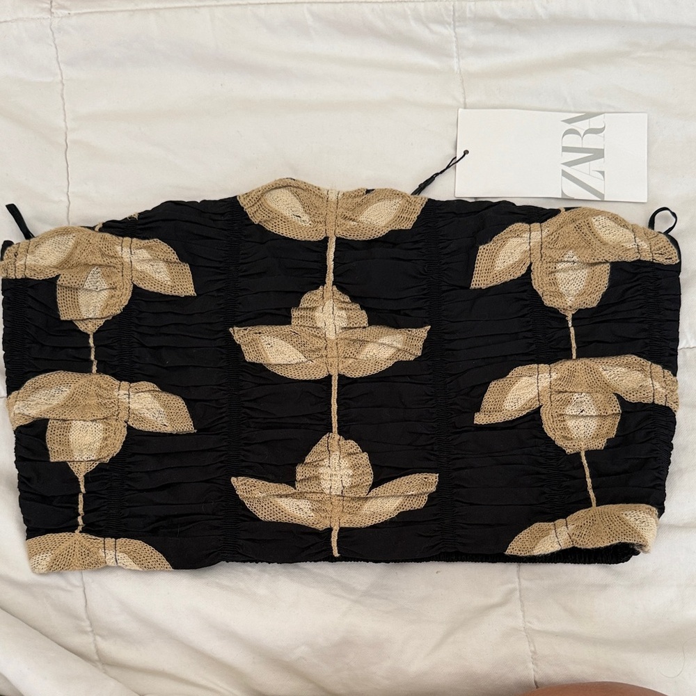 Zara Black and Tan Floral Strapless Top